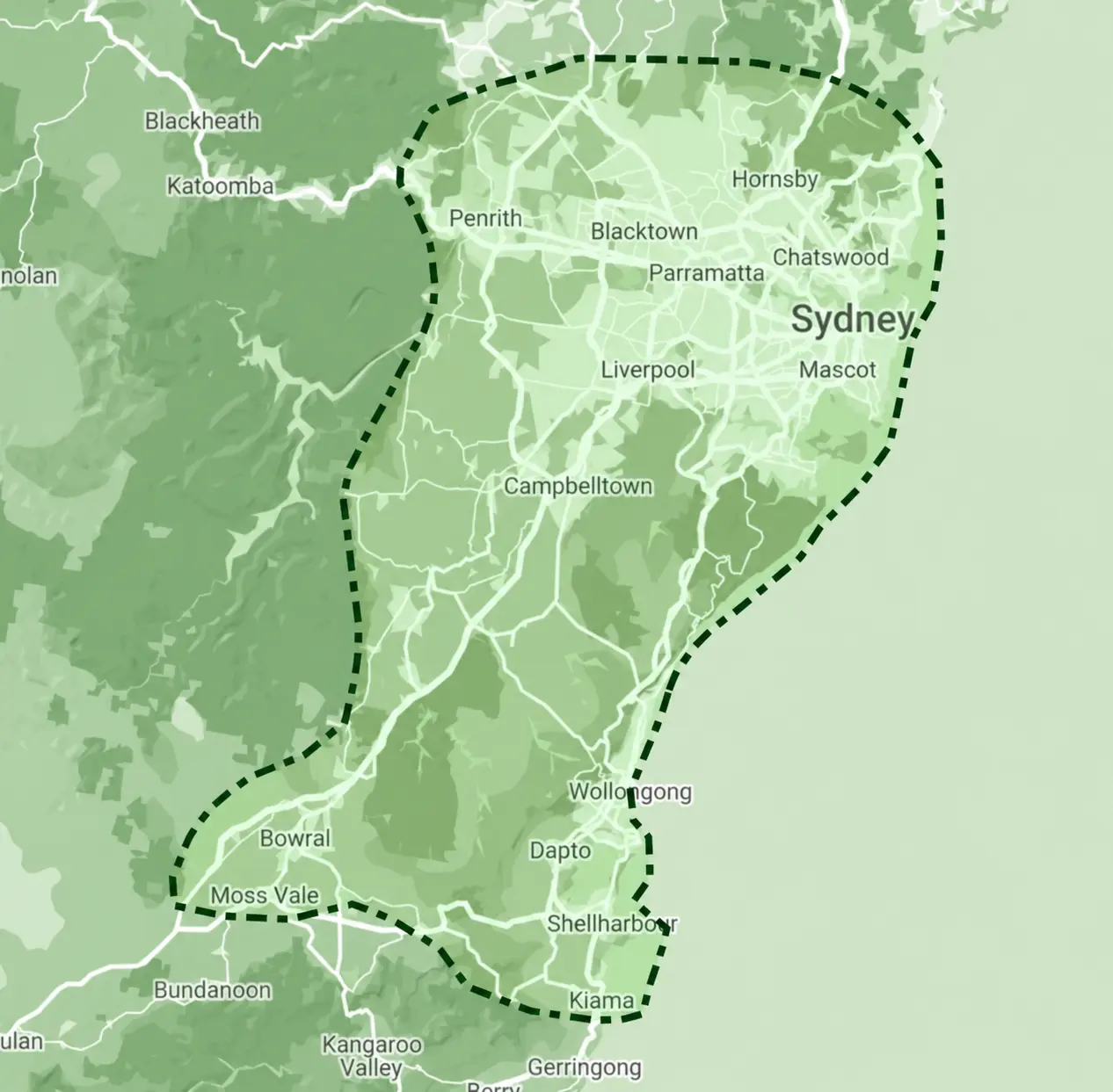 Settled Turf Management service area from Sydney to Wollongong
